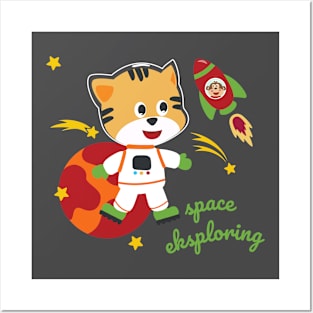 Space cat or astronaut in a space suit with cartoon style. Posters and Art